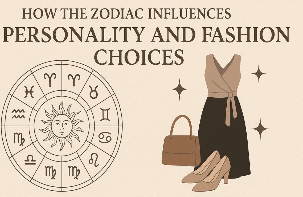 Fashion zodiac wheel illustration showing how astrology influences clothing style and personality traits