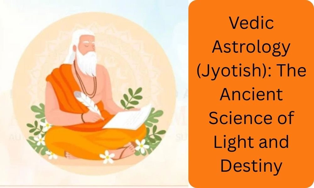 A digital illustration representing Vedic Astrology (Jyotish), featuring celestial constellations, a glowing birth chart, and golden light patterns symbolizing destiny, karma, and spiritual guidance — set against a cosmic blue and gold background