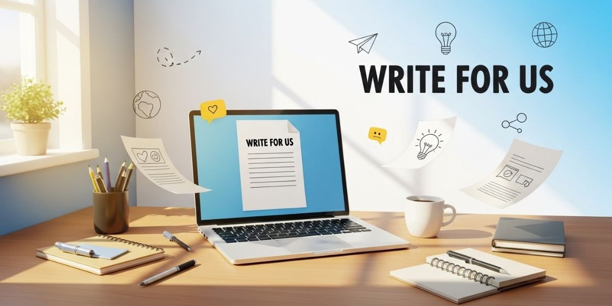 Open laptop on a bright desk with a blank page titled “Write for Us,” surrounded by coffee, pens, and papers — symbolizing creativity and writing opportunities.